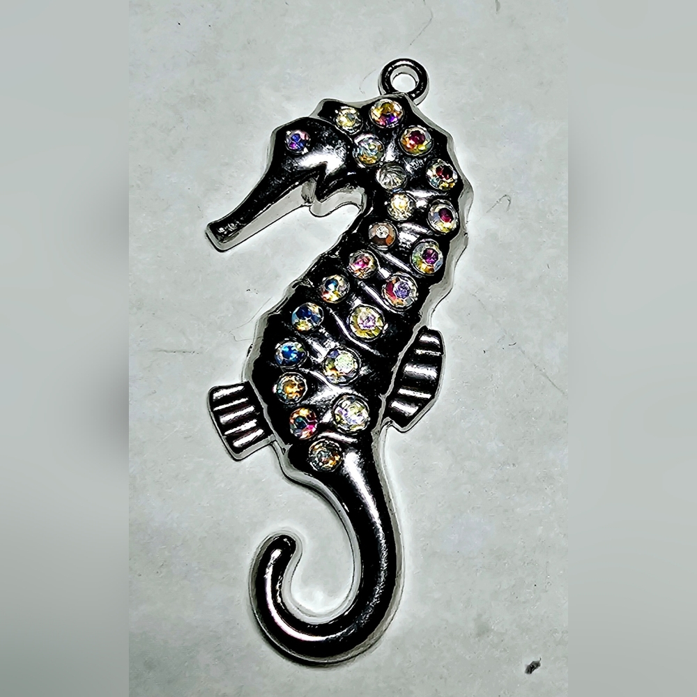 Silver tone Aurora borealis studded nautical beach seahorse pendant for necklace